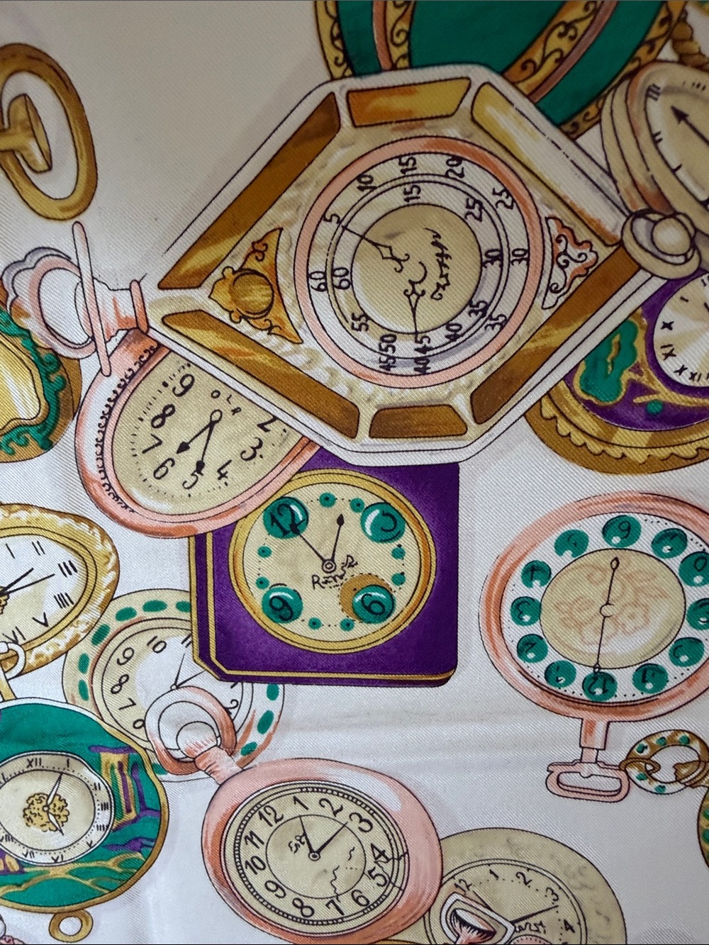 Doncaster Silk Scarf with Gold and Green Pocket Watch Motif